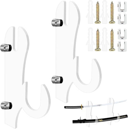 TRINENOX Sword Stand, Sword Wall Mount, Sword Hook, Sword Hanger Rack, Wall Mount Sword Hook, Acrylic Samurai Sword Display Holder for Katana Tanto Genji Wakizashi Sword Hanger Rack (1 Pair Clear)