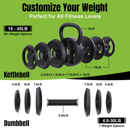 Hezeyferg 2-in-1 Adjustable Kettlebell, 15-45 LB Kettlebells Weight Set with Wide Grip, 4.8-30 LB