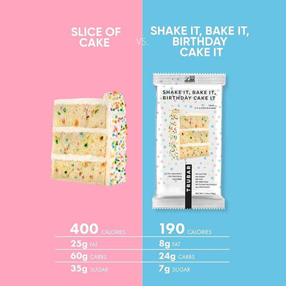 TRUBAR Vegan Protein Bar, Shake it Bake it Birthday Cake it, Gluten Free, Plant Based Protein, Dairy Free, Non GMO, Soy Free, No Sugar Alcohols, 12G Protein, 12G Fiber, 23G Carb, On the Go Snack Bars, 12 ct