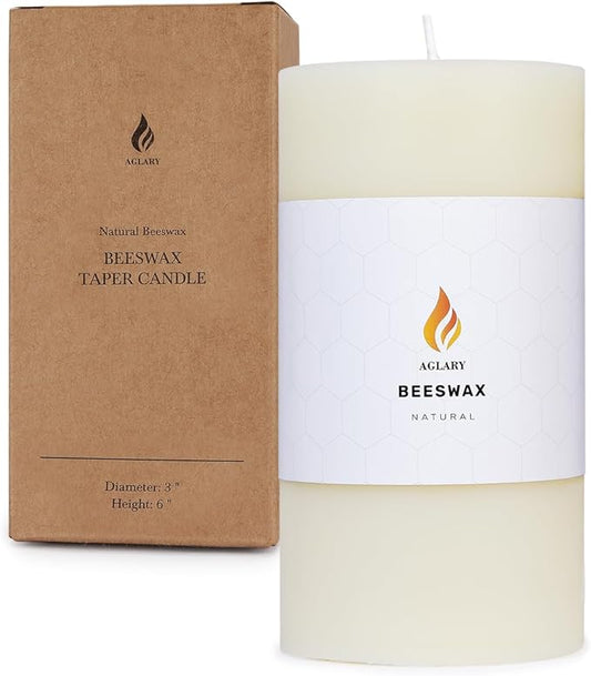 3"x 6" Large Beeswax Pillar Candle, Made of Pure Natural Beeswax, with Ultra Long Burning Time and Low Allergenicity-White