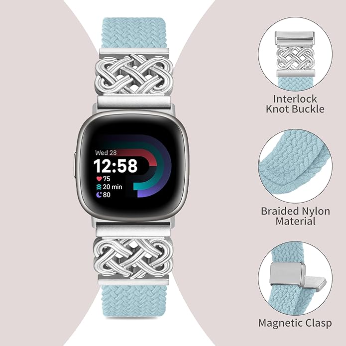 Braided Band Compatible with Fitbit Versa 4 Bands for Woman/Versa 3/Sense 1/Sense 2 Band, Magnetic Clasp Fabric Nylon with Designer Interlock Buckle Straps for Fitbit Versa4/3/Sense1/2
