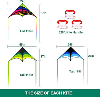 Mint's Colorful Life 3 Pack Delta Kites for Kids & Adults, Easy to Fly Large Kite Set for Beginners, Perfect Family Kites for Park and Beach Trip with 300ft String Included
