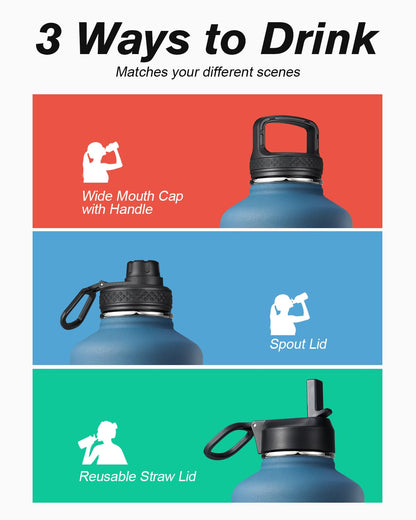 Coolflask Half Gallon Water Bottle Insulated with Straw & 3 Leakproof Lids
