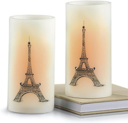 SAGEFINDS Eiffel Tower LED Candles, Set of 2, Flameless Real Wax Pillar Candles, Battery Operated, 6” x 3”