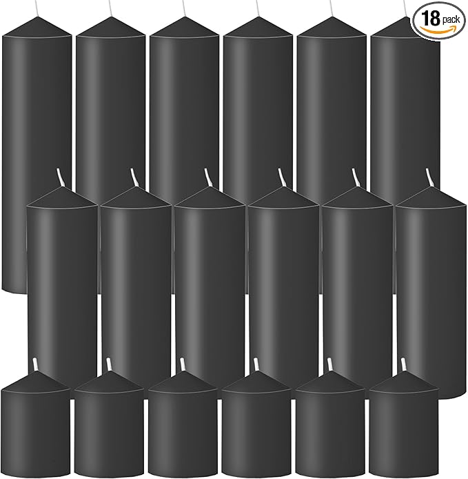 18 Pcs Black Pillar Candles Bulk Set，Hurricane Candlesï¼? Different Lengths (6 Each)，Dripless Unscented Smokeless，Gives You a Better Atmosphere When Organizing Wedding or Event Party.