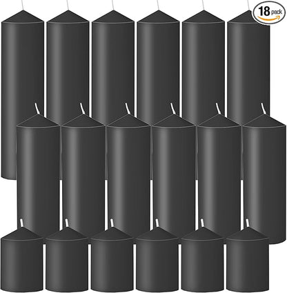 18 Pcs Black Pillar Candles Bulk Set，Hurricane Candlesï¼? Different Lengths (6 Each)，Dripless Unscented Smokeless，Gives You a Better Atmosphere When Organizing Wedding or Event Party.