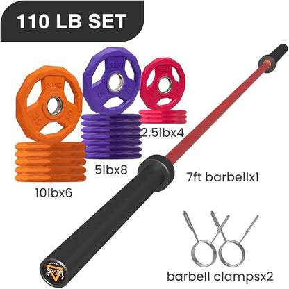 7FT Olympic Barbell Bar with Weight Plate Set Combo, Solid Olympic Bar with Bearings, 700Lbs Capacity Weight Bar for Home Gym Strength Training, Weightlifting, Powerlifting, Fit for 2" Olympic Plates