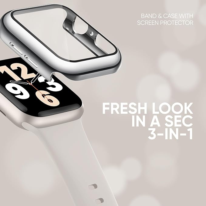 Compatible for Apple Watch Band 44mm 45mm and Case with Screen Protector, Soft Silicone Sport Strap Bands and Protective Cover with Tempered Glass for iWatch Series 9 8 7 SE 6 5 4