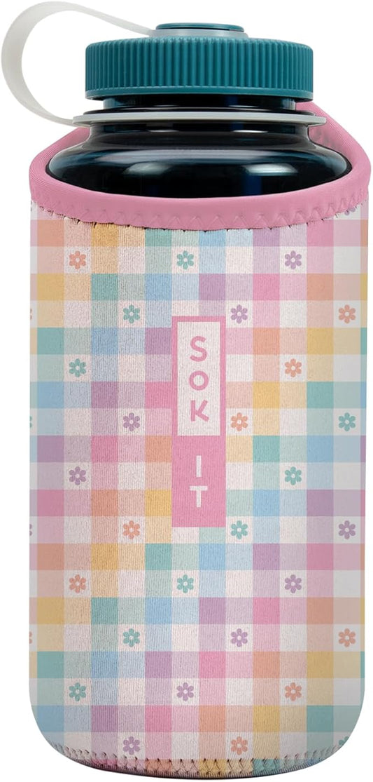 Sok It BotlSok Water Bottle Sleeve Insulated Neoprene Cover (Gingham Flowers, Fits 32oz Nalgene)