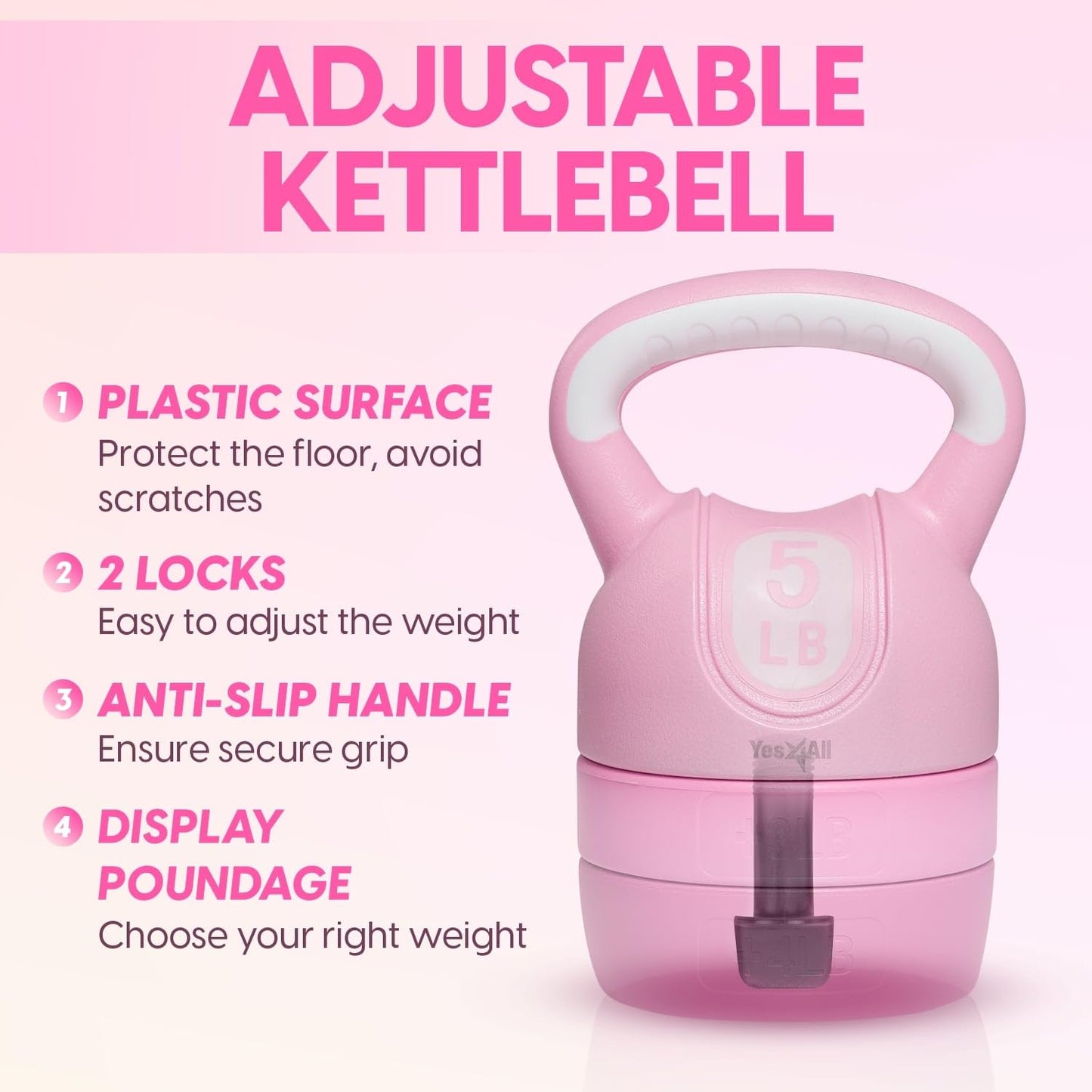 Yes4All Adjustable Kettlebell for Women – Pink Home Gym Set, 5lb–12lb Adjustable Weight, Compact
