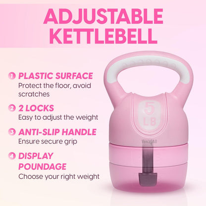Yes4All Adjustable Kettlebell for Women – Pink Home Gym Set, 5lb–12lb Adjustable Weight, Compact
