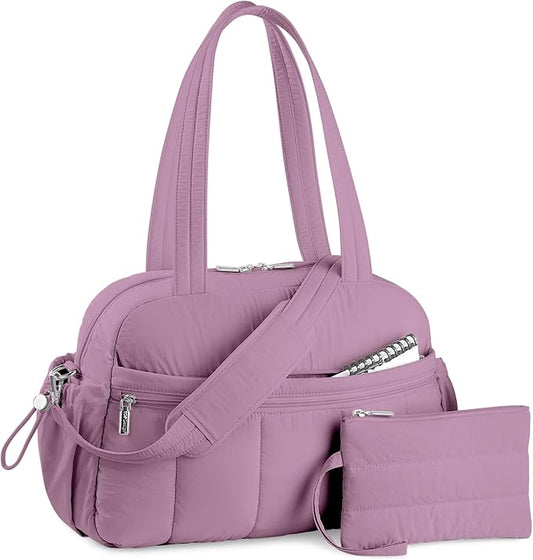 TOPDesign Travel Duffel Bag for Women, Puffer Gym Bag Sports Tote with Wet Pocket, Carry On Weekender with Luggage Sleeve (Purple)