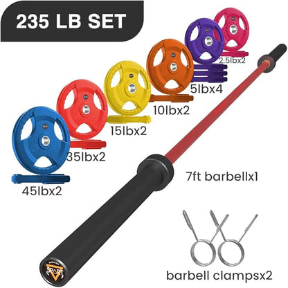 7FT Olympic Barbell Bar with Weight Plate Set Combo, Solid Olympic Bar with Bearings, 700Lbs Capacity Weight Bar for Home Gym Strength Training, Weightlifting, Powerlifting, Fit for 2" Olympic Plates