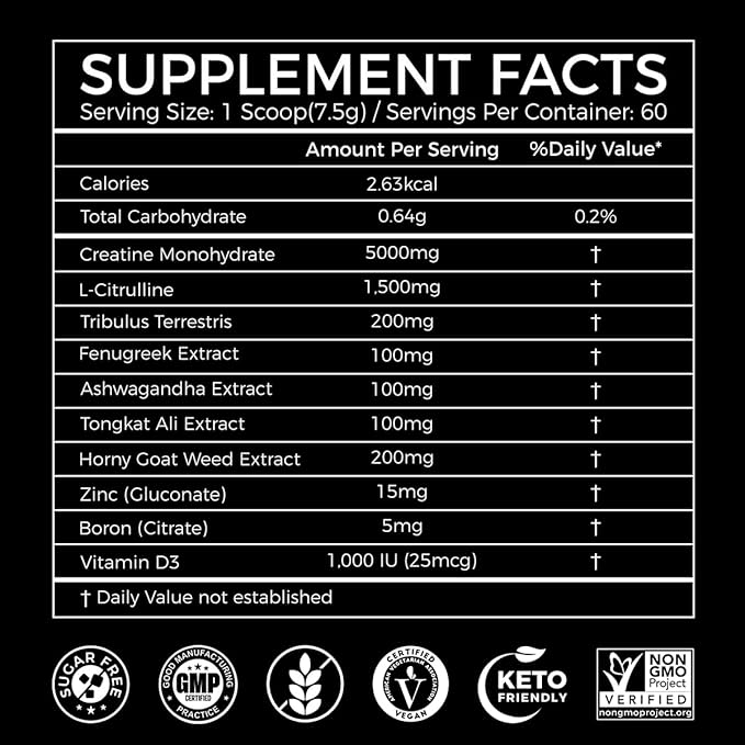 AiVital™ Creatine Powder for Men–5000mg Creatine Monohydrate with 1500mg L-Citrulline & 500mg Vitality Blend for Men–Strength, Performance,Muscle Pump&Recovery Support–Unflavored,60 Servings, 450g