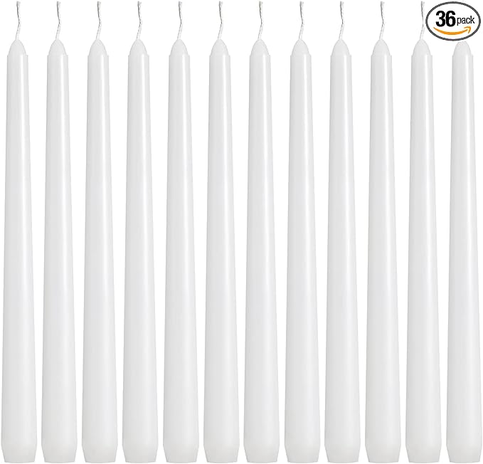 36 Pack White Taper Candles, 7-8 Hours Burn Time, Unscented, Smokeless and Dripless, 0.8 x 10 Inch Dinner Candle Set for Household, Wedding, Party and Home Décor Candlesticks