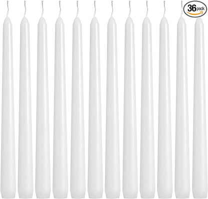 36 Pack White Taper Candles, 7-8 Hours Burn Time, Unscented, Smokeless and Dripless, 0.8 x 10 Inch Dinner Candle Set for Household, Wedding, Party and Home Décor Candlesticks