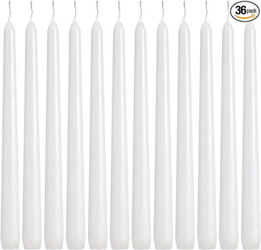 36 Pack White Taper Candles, 7-8 Hours Burn Time, Unscented, Smokeless and Dripless, 0.8 x 10 Inch Dinner Candle Set for Household, Wedding, Party and Home Décor Candlesticks