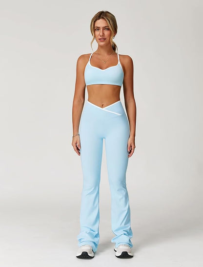 ABOCIW Workout Sets for Women 2 Piece Color Block Strappy Sports Bra High Waist Leggings Gym Yoga Pilates Outfits