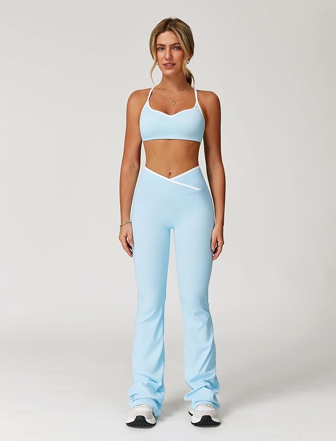 ABOCIW Workout Sets for Women 2 Piece Color Block Strappy Sports Bra High Waist Leggings Gym Yoga Pilates Outfits