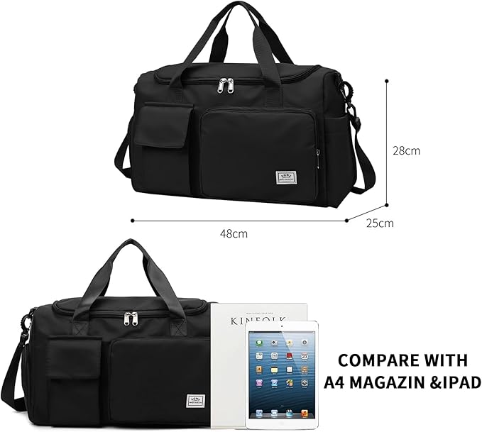 Travel Duffel Tote Bag with Dry Wet Separation Pocket, Weekender Bag for Women and Men，Waterproof Bag with Shoe Compartment Lightweight and Easy Carry on Black