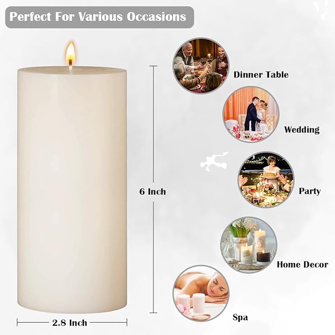 3 Packs 2.8x6 Inch Ivory Pillar Candles, Unscented Dripless Non-Toxic Smokeless Clean Long Lasting Burning Cylinder Candles for Home Dinner Table Decoration Power Outage Emergency