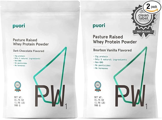 Puori Whey Protein Powder Bundle - Dark Chocolate and Bourbon Vanilla - PW1 Pasture-Raised Grass-Fed Non-GMO - 100% Natural and Pure for Muscle Growth - 21g Protein