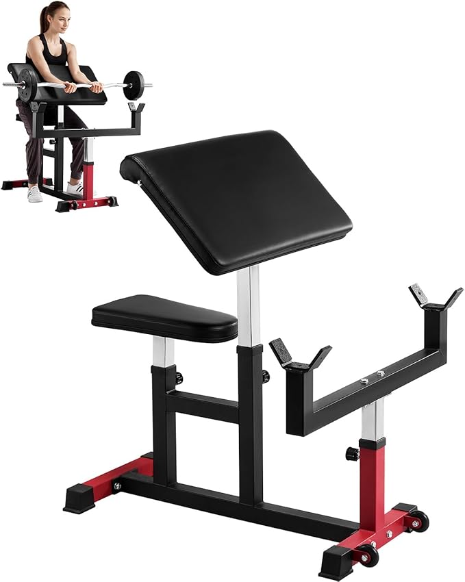 VEVOR Preacher Curl Bench, Strength Training Biceps Machine, Max load 440 LBS Home Gym Equipment, Seated Arm Isolated Barbell Dumbbell Bicep Station, Adjustable Weight Benches for Home Gym