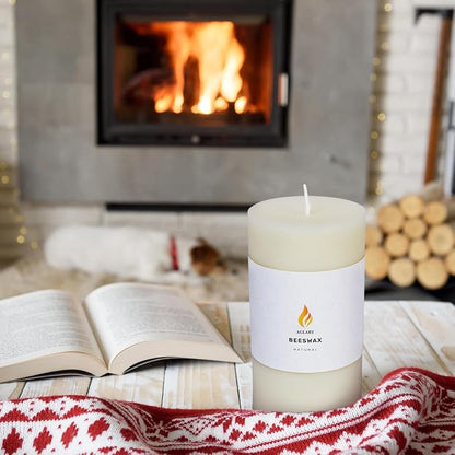 3PCS 3"x 6" Large Beeswax Pillar Candles, Made of Pure Natural Beeswax, with Ultra Long Burning Time and Low Allergenicity-White,82H