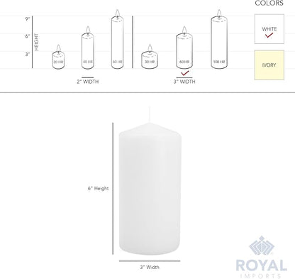 Royal Imports Pillar Candles White Unscented Premium Wax, 60 Hours Burning for Wedding, Spa, Party, Birthday, Holiday, Bath, Home Decor - 3"x6" Inch - Set of 12