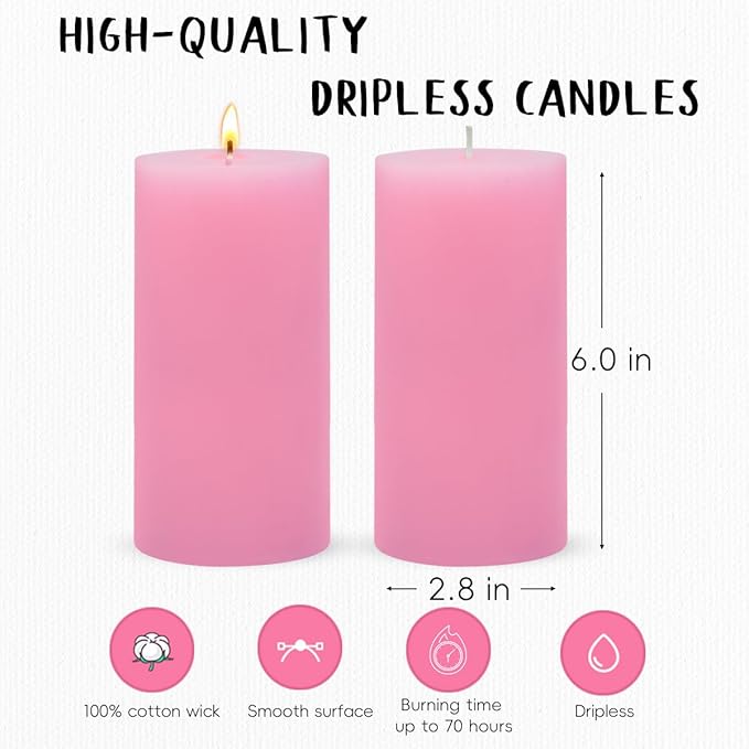 3 Packs 2.8x6 Inch Pink Pillar Candles, Unscented Dripless Large Wax Cylinder Column Candles for Power Outages Emergency Party Backyard Gathering - 70 Hour Burn Time