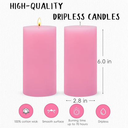 3 Packs 2.8x6 Inch Pink Pillar Candles, Unscented Dripless Large Wax Cylinder Column Candles for Power Outages Emergency Party Backyard Gathering - 70 Hour Burn Time