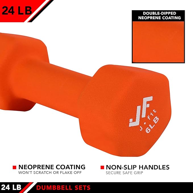 JFIT Dumbbell Pairs or Sets – Neoprene & Vinyl Coated Hand Weights for Home Gym, Strength Training, Aerobics, Cardio Exercise and Fitness