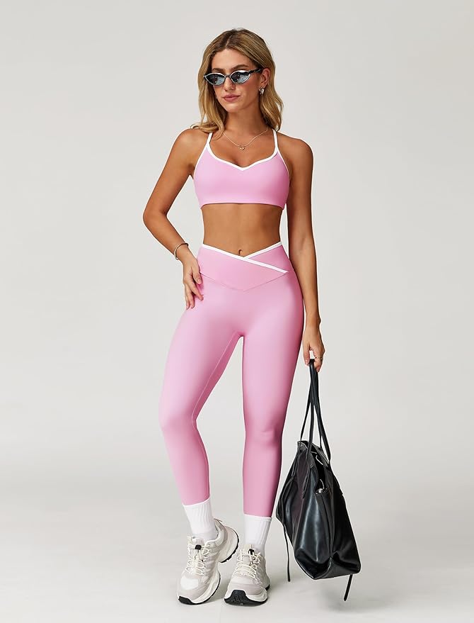 ABOCIW Workout Sets for Women 2 Piece Color Block Strappy Sports Bra High Waist Leggings Gym Yoga Pilates Outfits