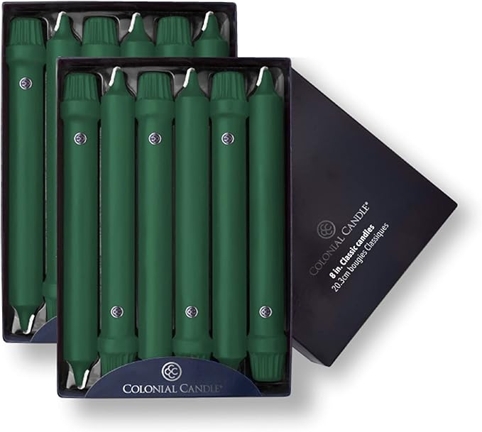 Colonial Candle Unscented Taper Candle, Classic Collection, Evergreen, 8 In, Pack of 12 - Up to 6 Hours Burn