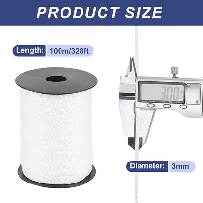 MECCANIXITY 1/8 Inch Polypropylene Rope Braided Ropes, 328ft Nylon Rope Hollow Utility Cord String for Clothesline, Camping, Hiking, Outdoor, White