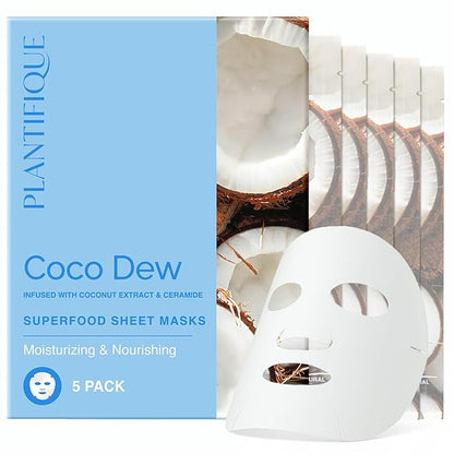 PLANTIFIQUE Facial Sheet Mask Coco Dew 5 Pack ??Moisturizing Face Mask with Coconut & Ceramide ??Radiant Skin Nourishing Korean Skincare Pack for All Skin Types