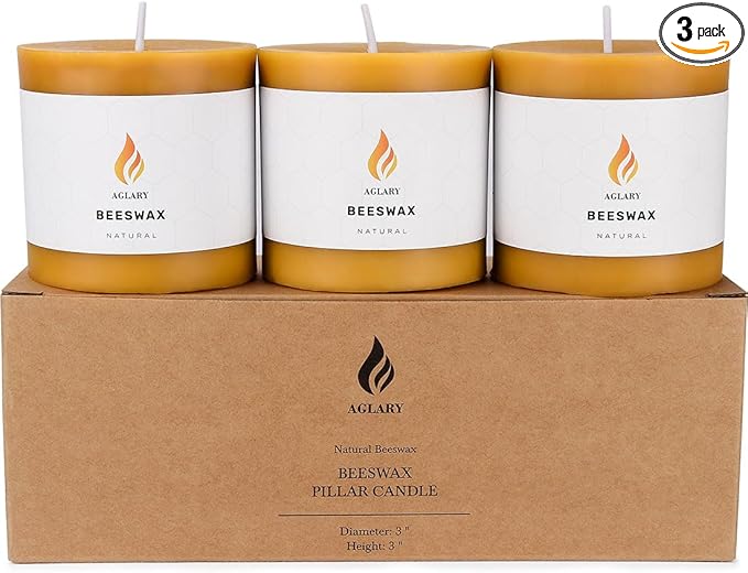 3PCS 3"x 3" Beeswax Pillar Candles, Made of Pure Natural Beeswax, with Ultra Long Burning Time and Low Allergenicity-Raw,40H