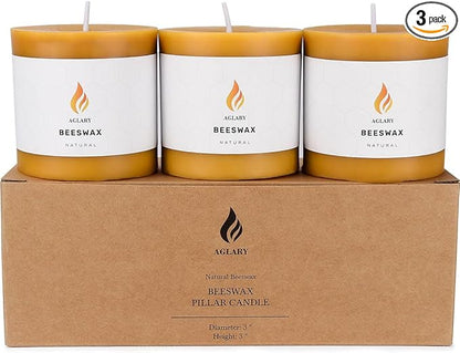 3PCS 3"x 3" Beeswax Pillar Candles, Made of Pure Natural Beeswax, with Ultra Long Burning Time and Low Allergenicity-Raw,40H