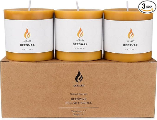 3PCS 3"x 3" Beeswax Pillar Candles, Made of Pure Natural Beeswax, with Ultra Long Burning Time and Low Allergenicity-Raw,40H