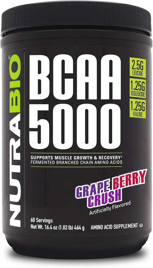 NutraBio BCAA 5000 Powder - Vegan Fermented BCAAs - Supports Lean Muscle Growth, Recovery, Endurance - 60 Servings - Grape Berry Crush