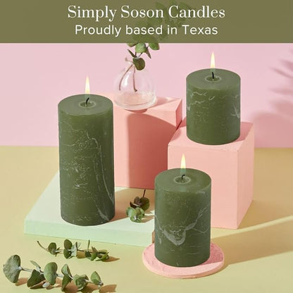 Simply Soson 3x3 inch Dark Moss Green Pillar Candles Set of 3, Rustic Texture, Unscented Green Candles, Dripless Candles, 3 inch Pillar Candles for Wedding Parties Spas Dinner Home Decoration Church