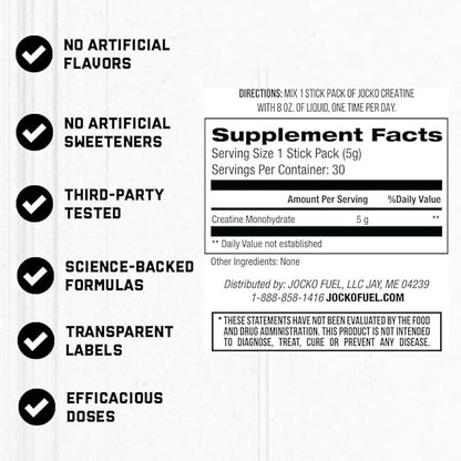 Jocko Fuel Creatine Stick Packs - Creatine Monohydrate Powder Travel Packs for Men & Women, Supplement for Athletic Performance & Muscle Health, 30 Servings 150g (Unflavored)