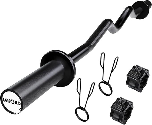 Olympic EZ Curl Barbell Bar, 48-inch Curling Bar, Fits 2-inch Weight Plates, Strength Training Bar for Squats, Hip Thrusts, Bench Press, and Weightlifting, with 2 Spring Collars (350LBS Weight Capacity）