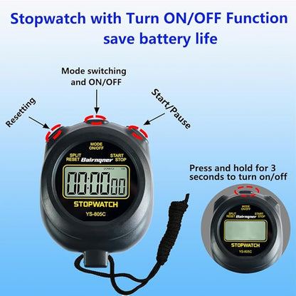 Stopwatch Timer with Countdown, ON/Off Simple Operation No Clock No Date, Digital Stop Watch for Sports, Black