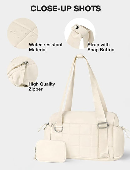 VUUDH Puffy Mini Gym Bag for Women, Carry On Multi-Pocket Water-Resistant Duffel, Lightweight Sports Bag for Fitness, Work, Travel, Daily Commute,Beige