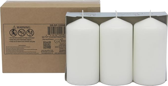Stonebriar 3 Pack Tall 3 x 6 Inch 65 Hour Long Burning Unscented White Wax Pillar Candles