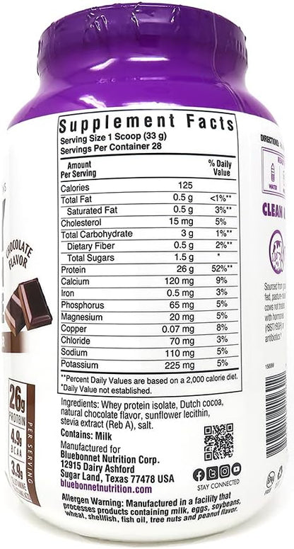 Bluebonnet Grass Fed Whey Protein Isolate 26 g Energy & Workout Recovery BCAA Amino Acids - Gluten-Free, Non-GMO, Soy-Free Chocolate Protein Powder for Women & Men - 28 Servings