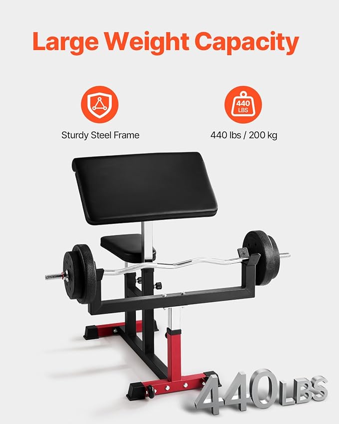 VEVOR Preacher Curl Bench, Strength Training Biceps Machine, Max load 440 LBS Home Gym Equipment, Seated Arm Isolated Barbell Dumbbell Bicep Station, Adjustable Weight Benches for Home Gym