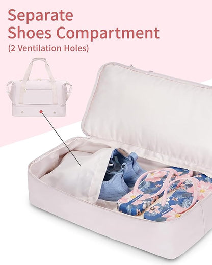 sportsnew Gym Travel Bag for Women, Large Travel Duffel with Shoe Compartment and Wet Pocket, Water Resistant Weekender Overnight Carry on Sports Tote Bags, Beige,Patent Pending