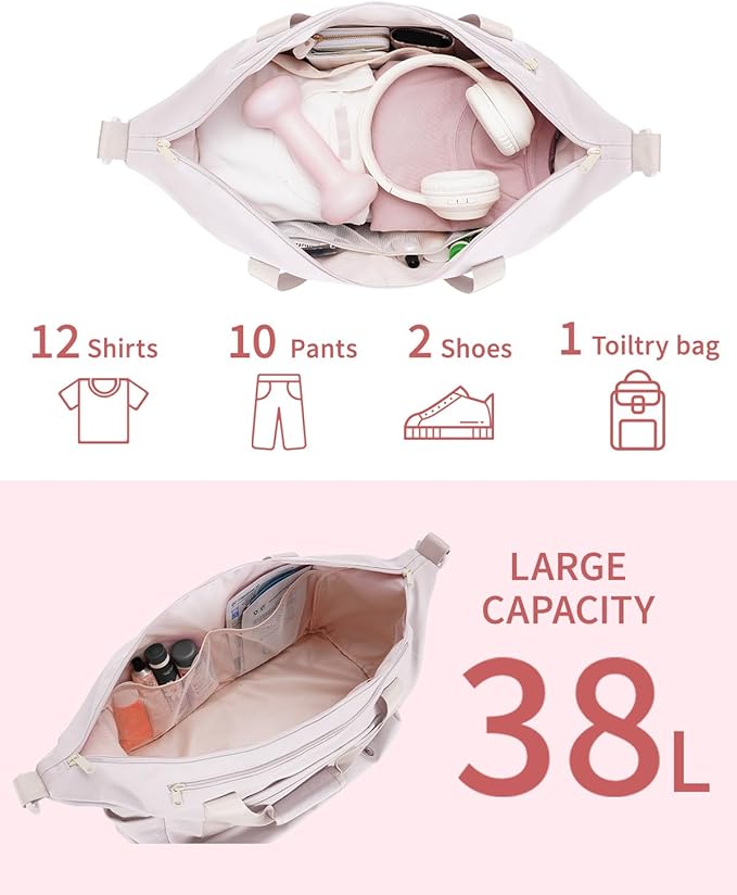 sportsnew Gym Travel Bag for Women, Large Travel Duffel with Shoe Compartment and Wet Pocket, Water Resistant Weekender Overnight Carry on Sports Tote Bags, Beige,Patent Pending